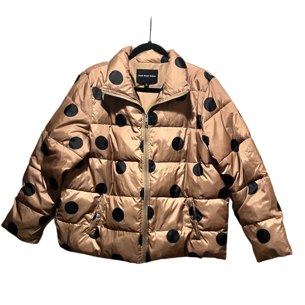 Who What Wear Gold and Black Polka Dot Puffer Jacket Size L - Picture 4 of 8